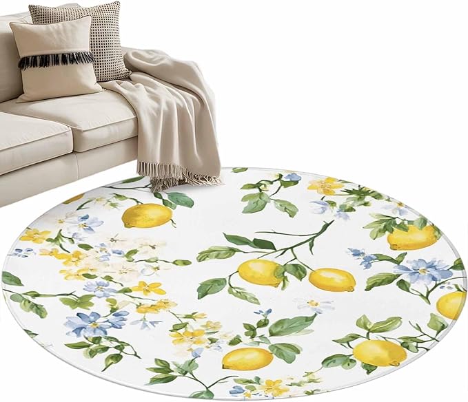 Washable Round Area Rug Summer Watercolor Lemon Flower Circle Rugs Floor Carpet for Living Room Bedroom, Spring Farm Fruit Green Leaf Soft Non Slip Round Rug 4ft