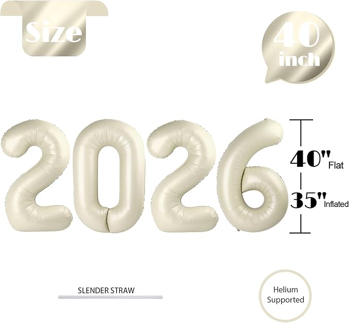 2026 Balloon Numbers - 40 Inch Cream New Years Eve Party Supplies 2026, Nye Decor Party Decorations Happy New Year, New Years Eve Foil Party Balloons, Graduation Party Decorations