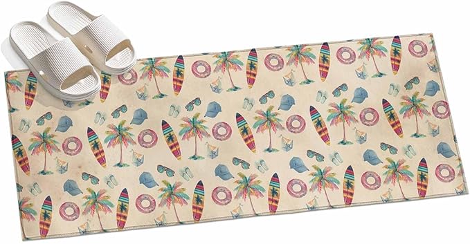 Runner Rug for Bedroom Hallway, Summer Surfboard Coconut Tree Kitchen Runner Rugs Area Rug 2x6ft, Coastal Vintage Plants Washable Soft Floor Carpet for Entryway Stair