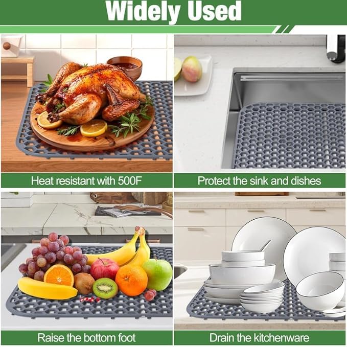 Sink Protectors Mat - 12"x12" Kitchen Sink Pad for Bottom of Basin for Protection of Stainless Steel and Tableware, Farmhouse Rubber Basin Mat Protector - Dark Gray