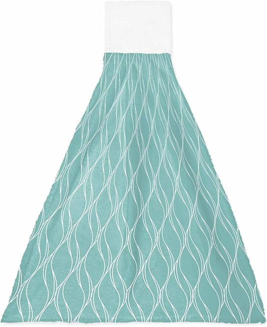 Alandar Home Kitchen Tie Towel Set of 1, White Wave Stripe on Teal Absorbent Soft Hand Towels for Bathroom Hanging Towels, Abstract Geometric Texture Fast Drying Cleaning Cloth with Loop