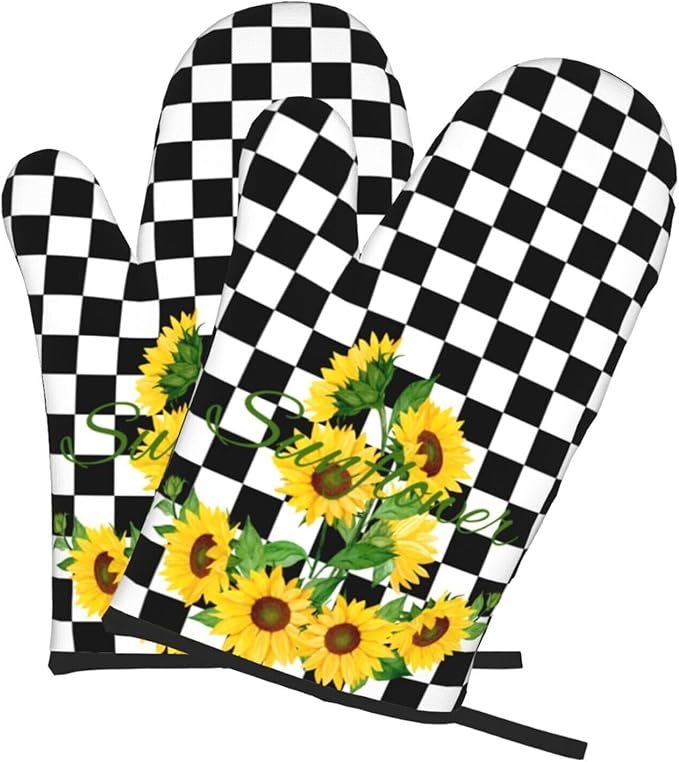 Sunflower Oven Mitts of 2-Pack Set, Funny Kitchen Gloves Heat Resistant Non-Slip Kitchen Mitts Safe Cooking Baking Grilling