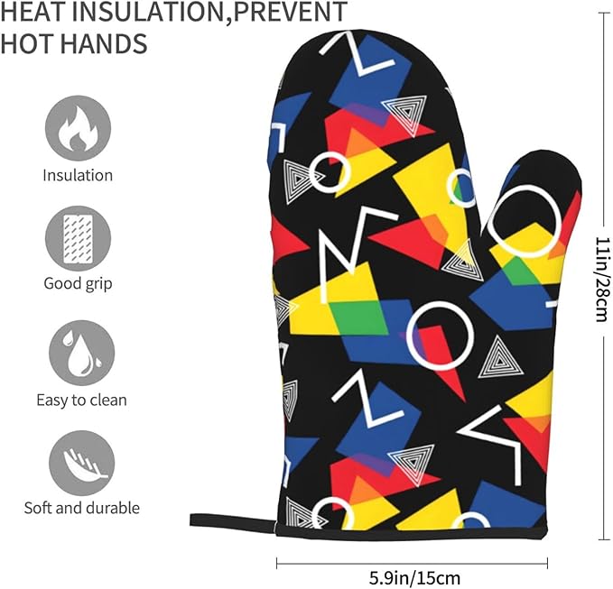 Colorful Geometric Pattern Oven Mitts of 2-Pack Set, Fashion Kitchen Gloves Heat Resistant Non-Slip Kitchen Mitts for Safe Cooking Baking Grilling