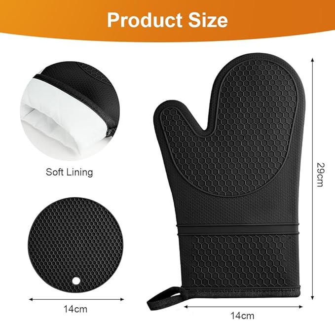 AUAUY Oven Mitts with 2 Potholders, Silicone Oven Gloves Heat Resistant 464°F, Non-Slip Silicone BBQ Gloves, Waterproof Cooking Gloves, Oven Gloves for Barbecue Kitchen Baking Microwave, Black