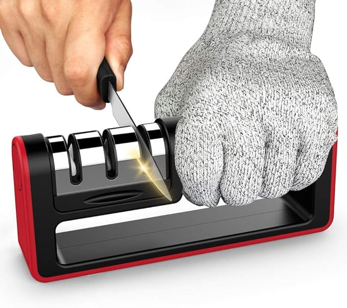 Grill-A-Sharp | Kitchen Knife Sharpener 3-Stage Tungsten Steel, Diamond Grind, Ceramic Stones, Manual Kitchen Knife Sharpener (GLOVE NOT INCLUDED)