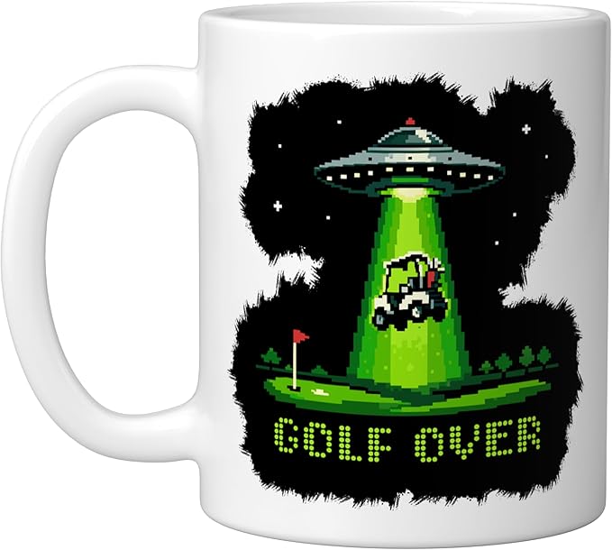 GOLF OVER Retro Funny Pixel Art UFO Abducting Golf-Cart Ceramic Mug, White