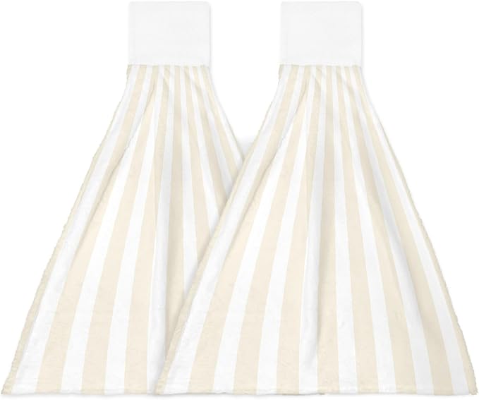 Alandar Home Kitchen Tie Towel Set of 2, Minimalist Abstract Stripe Art Absorbent Soft Hand Towels for Bathroom Hanging Towels, Modern Cream and White Line Fast Drying Cleaning Cloth with Loop