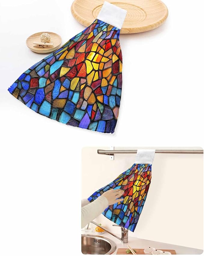 Alandar Home Kitchen Tie Towel Set of 2, Stained Glass Colorful Gradient Absorbent Soft Hand Towels for Bathroom Hanging Towels, Abstract Geometric Fast Drying Cleaning Cloth with Loop