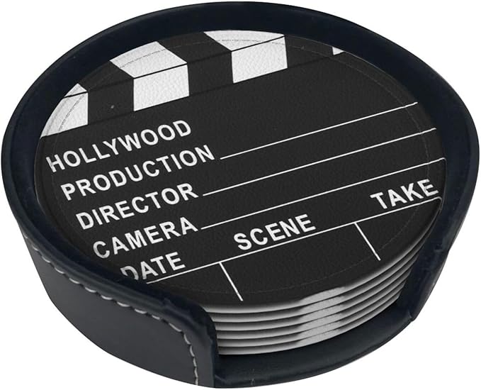 Movie Cinema Lapper Board Leather Drinks Coasters with Holder, Set of 6, Suitable for Various Cups