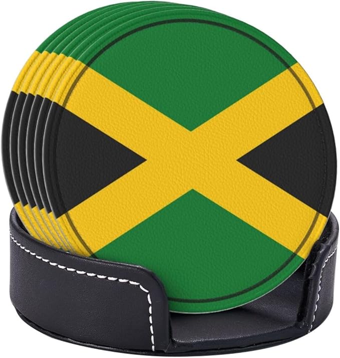Jamaica Flag Leather Drinks Coasters with Holder, Set of 6, Suitable for Various Cups