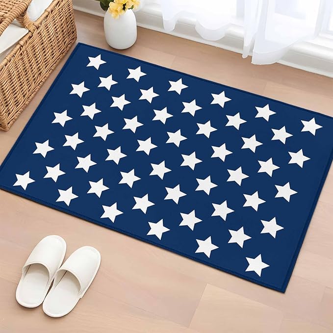 Area Rug 2x3ft, 4th of July White Star on Navy Blue Washable Rugs for Living Room Bedroom, Independence Freedom Liberty Soft Non-Slip Area Rugs Rectangle Floor Carpet for Dining Room