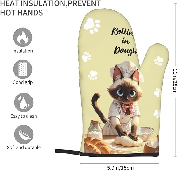 Wyayzh Funny Cat Chef Oven Mitts of 2-Pack Set, Rolling in Dough Kitchen Gloves Heat Resistant Non-Slip Kitchen Mitts Safe Cooking Baking Grilling
