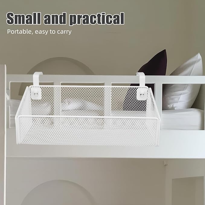 PartyKindom Hanging Bed Organizer, Metal Wire Bedside Caddy with Removable Hooks Spacious Bunk Bed Storage Basket Shelf for Phone Books Aesthetic Dorm Room Essentials Nightstand Alternative (White)