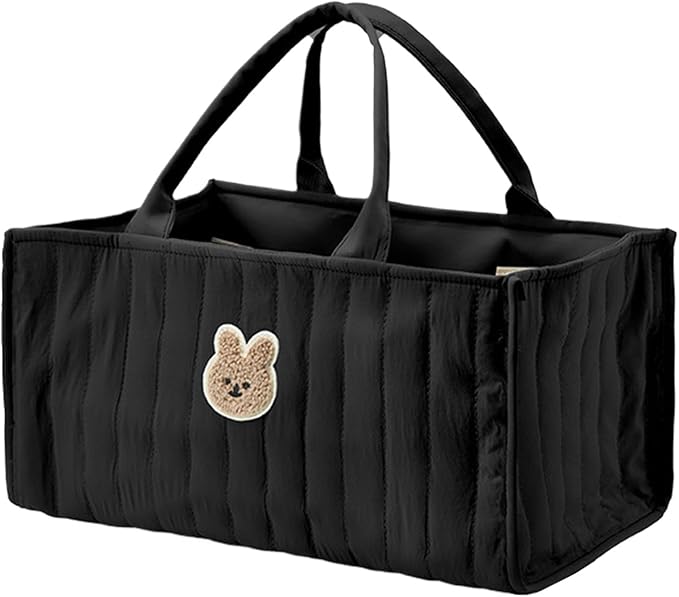 Quilted Fabric Storage Basket Floral Baby Diaper Caddy Quilted Basket for Nursery Bedroom Car Storage (L- Black Bear)