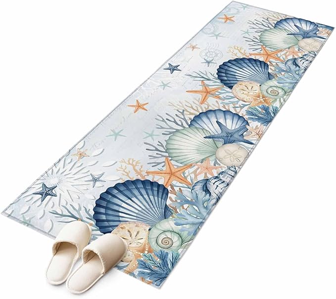 Runner Rug for Bedroom Hallway, Underwater Shells Starfish on Blue Kitchen Runner Rugs Area Rug 2x6ft, Colorful Coral Washable Soft Floor Carpet for Entryway Stair