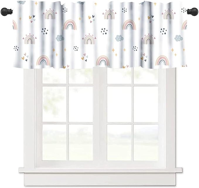 Kids Rainbow Valance Curtain, Cute Cartoon Boho Rainbow Heart Stars Window Treatment for Kitchen Bedroom Living Room Nursery, 54x18Inch
