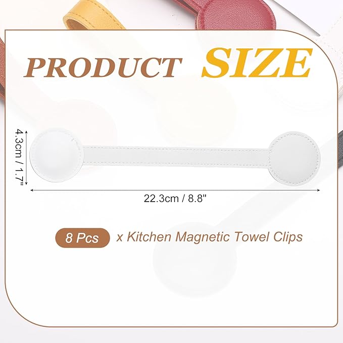 uxcell 8 Pcs Kitchen Magnetic Towel Clips, Leather Towel Holder Clip Multi-Purpose Hand Hooks Kitchen Accessories for Oven Handles Bars Racks, White