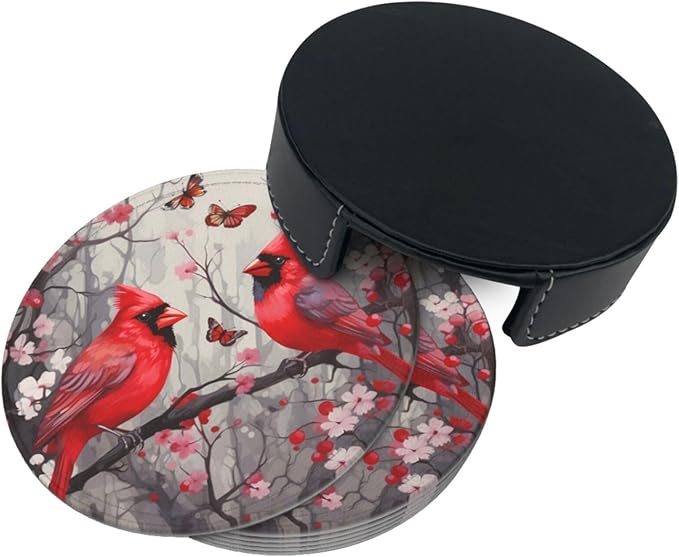 Famame 6 Pcs Butterflies Birds Cherry Leather Coasters for Drinks with Holder Coaster Sets Drink Table Cup Coasters for Living Room Kitchen Coffee Decor