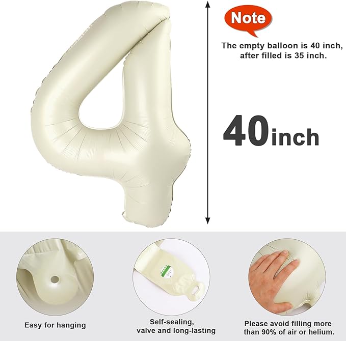 40 Inch Large Numbers Balloon, 4 Cream White Ballon for 4th 14 40 44 Birthday Party, Balloon 4 Number for Graduations Wedding Supplies