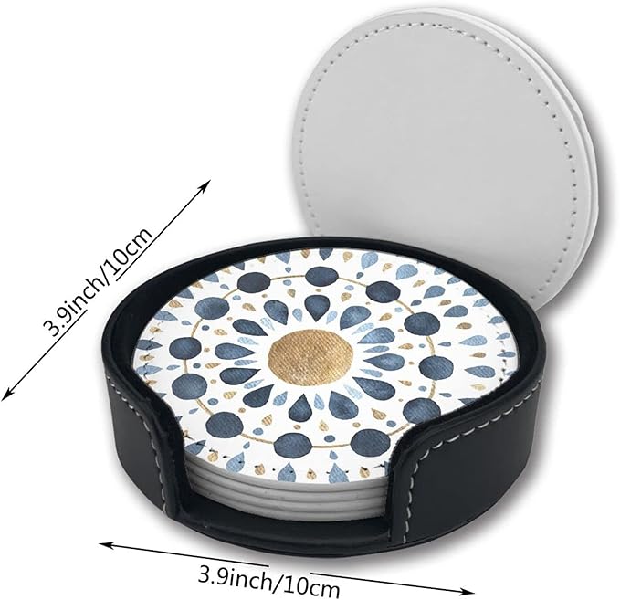 Moon Blue Gold Mandala Watercolor Leather Drinks Coasters with Holder Set of 6, Suitable for Kinds of Cups