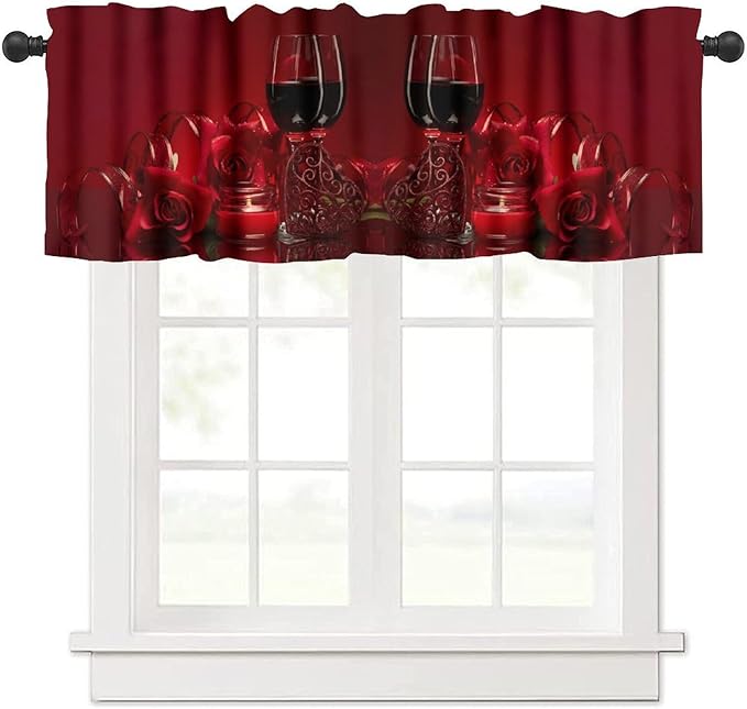 Red Wine Curtain Valance, Romantic Rose Floral Wine Glasses Candle Love Themed Short Window Treatment for Kitchen Dining Date Bedroom Living Room Valentine's Day, 54x18Inch