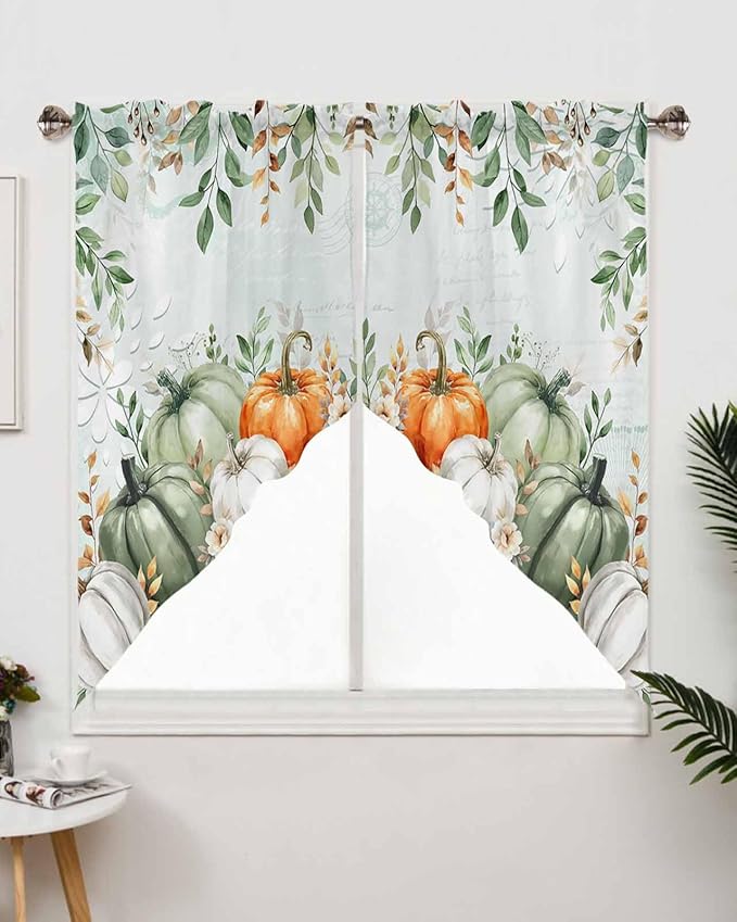 Sage Green Orange Pumpkins Eucalyptus Leaves Fall Swag Valance Curtains Autumn Thanksgiving Vintage Texture Rod Pocket Kitchen Curtains, Scalloped Window Treatment Valances, 1 Pair, 36"W x 36"L