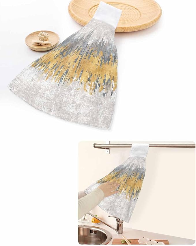 Alandar Home Kitchen Tie Towel Set of 1, Abstract Yellow Grey Graffiti Absorbent Soft Hand Towels for Bathroom Hanging Towels, Modern Minimalist Art Fast Drying Cleaning Cloth with Loop