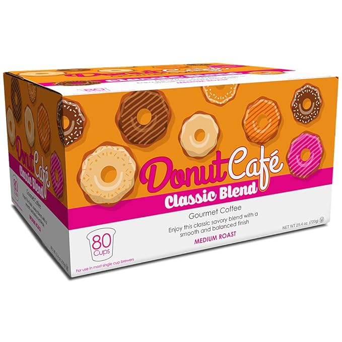 Donut Café - Coffee Gourmet Pods, Classic Blend, Medium Roast – Non-GMO, Gluten Free – Compatible with Keurig K Cup Brewers – Smooth & Delicious – 80 Count (Pack of 2)