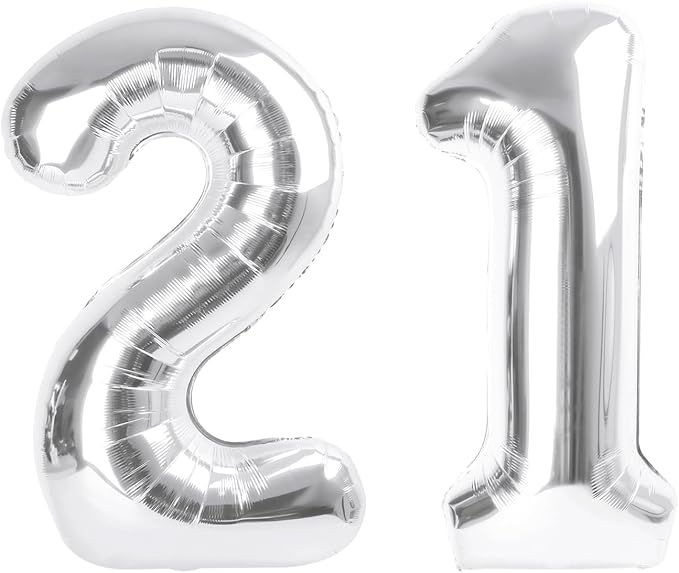 40 Inch 21 Number Balloons, Silver Birthday Decorations for Men Women, Birthday Balloon for 12 21st Photo Prop, Graduation, Celebration Party Decor