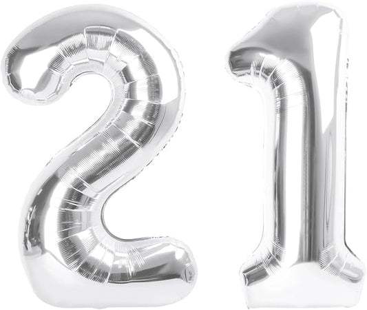 40 Inch 21 Number Balloons, Silver Birthday Decorations for Men Women, Birthday Balloon for 12 21st Photo Prop, Graduation, Celebration Party Decor
