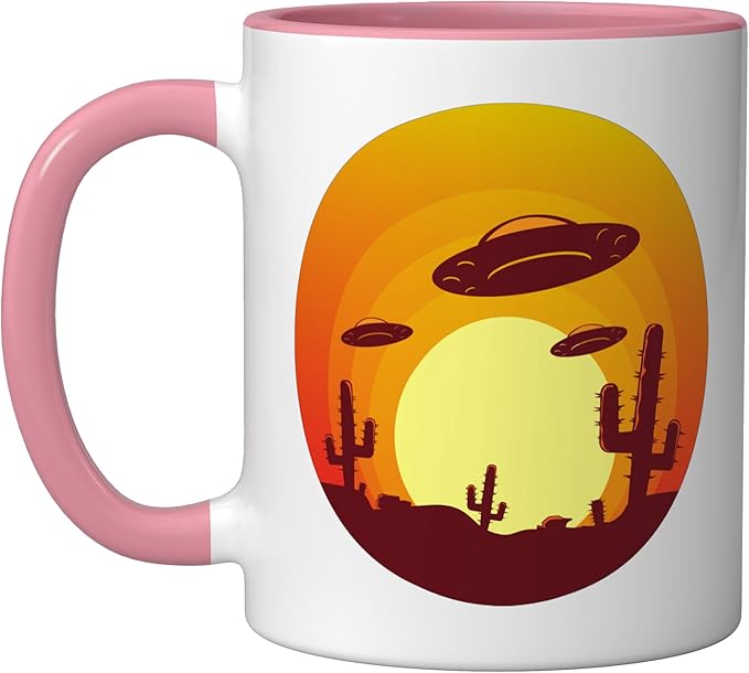 UFO Alien Abduction Conspiracy Vintage Nevada Desert Sunset Ceramic Mug, Pink/White