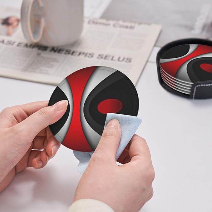 Black in Modern Abstract Red Leather Drinks Coasters with Holder, Set of 6, Suitable for Various Cups