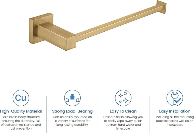 KIBI Cube 10 Inch Hand Towel Bar | Solid Brass Wall Mounted Bathroom Towel Holder for Small Spaces | Modern & Durable Design | Rust-Resistant Finish (Brushed Brass, KBA1503)