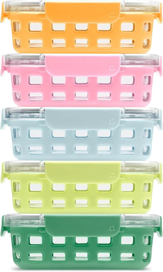 Ello Duraglass 3.4 Cup Meal Prep Sets 10Pc, 5 Pack Set- Glass Food Storage Container with Silicone Sleeve and Airtight BPA-Free Plastic Lids, Dishwasher, Microwave, and Freezer Safe, Meadow