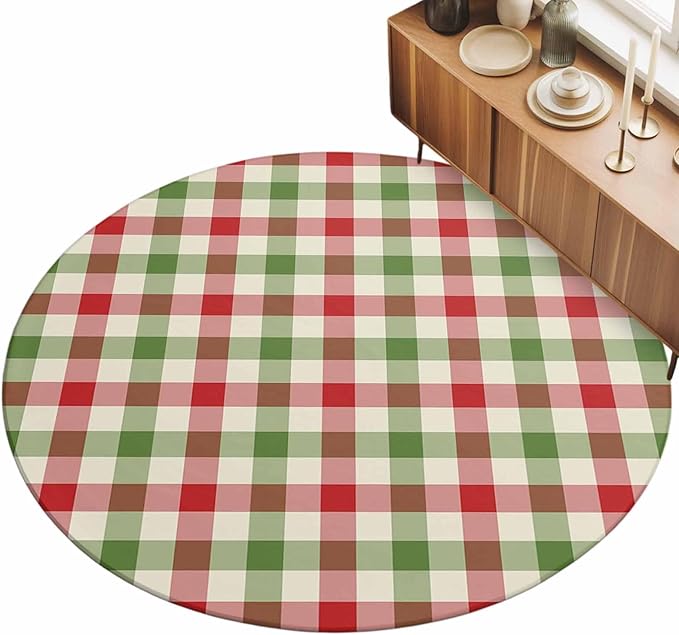 Washable Round Area Rug Vintage Pastoral Red Green Buffalo Gingham Circle Rugs Floor Carpet for Living Room Bedroom, Christmas Plaid Soft Non Slip Round Rug 3ft