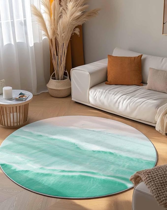 Round Area Rug,Summer Beach Green Water Ripples Circle Living Room Rug Non-Slip Rugs Indoor Carpet,Coastal Seaside Waves Soft Comfort Rugs for Bedroom KidsRoom Nursery