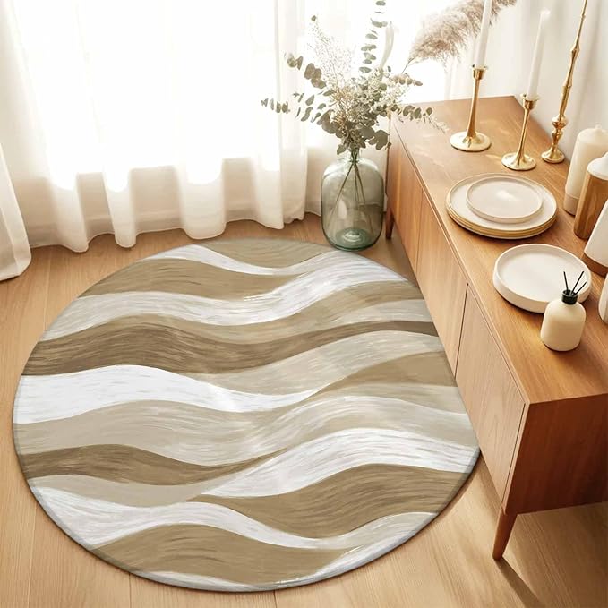 Washable Round Area Rug Modern Brown Ombre Ocean Wave Circle Rugs Floor Carpet for Living Room Bedroom, Abstract Gradient Stripe Soft Non Slip Round Rug 3ft