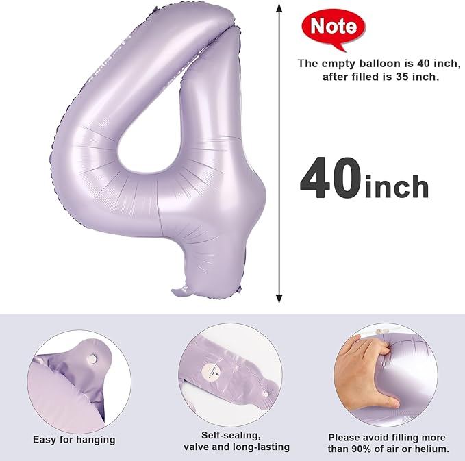 40 Inch Large Numbers Balloon, 4 Cream Purple Ballon for 4th 14 40 44 Birthday Party, Balloon 4 Number for Graduations Wedding Supplies