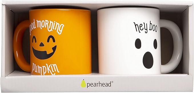 Pearhead Halloween Coffee Mug Set of 2 Fall Pumpkin Ghost Ceramic Cups 16oz Microwave Dishwasher Safe Autumn Gift