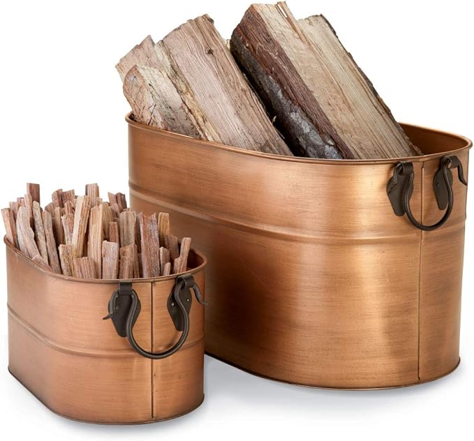 Plow & Hearth Vintage-Style Antique Copper Firewood Bucket with Wrought Iron Handles | Decorative Firewood Rack | Galvanized Steel Log Holder for Fireplace | 13.25" W x 11.25" H x 21.25" L