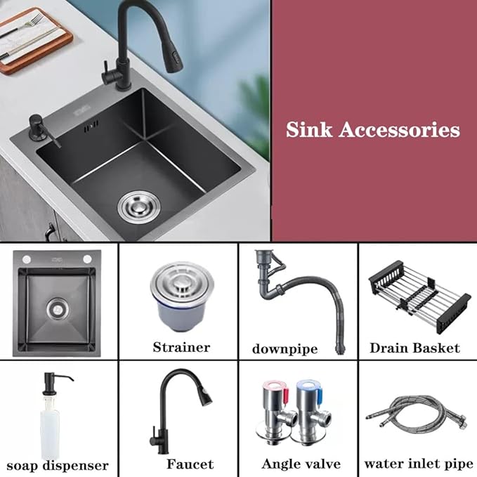 Single Bowl Bar Counter Sink 304 Stainless Steel Single Bowl Sink Mini Space Saving Kitchen Sink Washbasin Home Apartment Built-in Sink (Black 36 * 36 * 21cm)