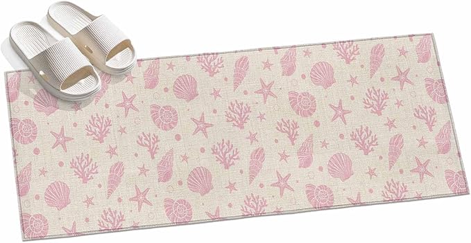 Runner Rug for Bedroom Hallway, Ocean Pink Shell Coral Conch Kitchen Runner Rugs Area Rug 2x6ft, Marine Starfish on Farm Burlap Washable Soft Floor Carpet for Entryway Stair
