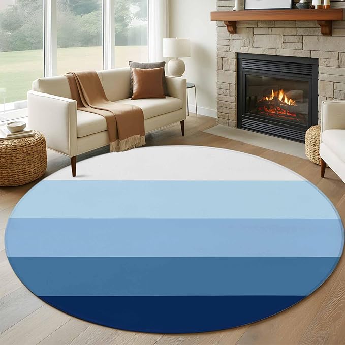 Washable Round Area Rug Minimalist Blue White Ombre Stripe Circle Rugs Floor Carpet for Living Room Bedroom, Modern Gradient Art Soft Non Slip Round Rug 5ft