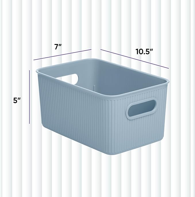 Superio Ribbed Collection - Decorative Plastic Basket Open Home Storage Bins Organizer, Medium Blue (6 Pack) Container Boxes for Organizing Closet Storage Bins for Shelves Drawer Shelf 5 Liter
