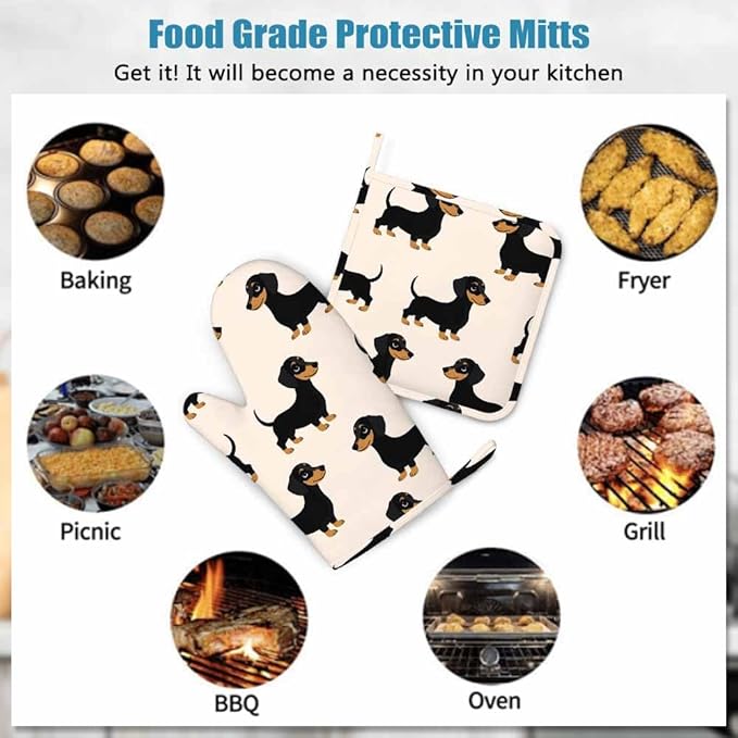 Mxocom Dachshunds Silicone Oven Mitts and Pot Holders Sets Hand Drawn Style Dog BBQ Gloves for Kitchen,Cooking,Baking,Grilling