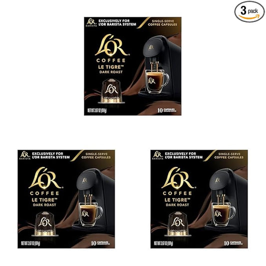 L'OR Coffee Pods, 30 Count Le Tigre Dark Roast Blend, Single-Serve Aluminum Coffee Capsules Compatible with the L'OR BARISTA System & *Nespresso Original Machines, 30 Count (Pack of 3)