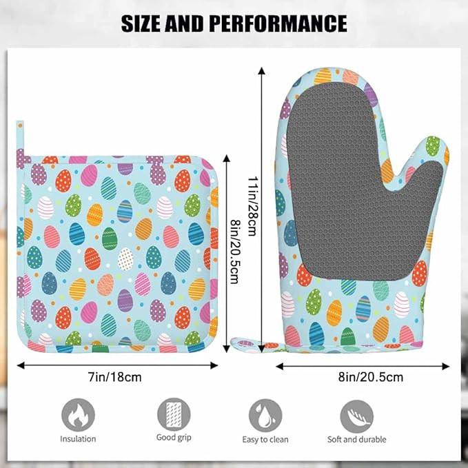Mxocom Easter Eggs Oven Mitt and Pot Holder with Silicone Easter Colored Eggs on Blue Background Heat Resistant Kitchen for Cooking BBQ Baking Grilling Spring/Summer