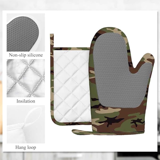 Mxocom Army Camouflage Oven Mitt and Pot Holder with Silicone Hunting Camo Green Hunter Heat Resistant Kitchen for Cooking BBQ Baking Grilling Spring/Summer
