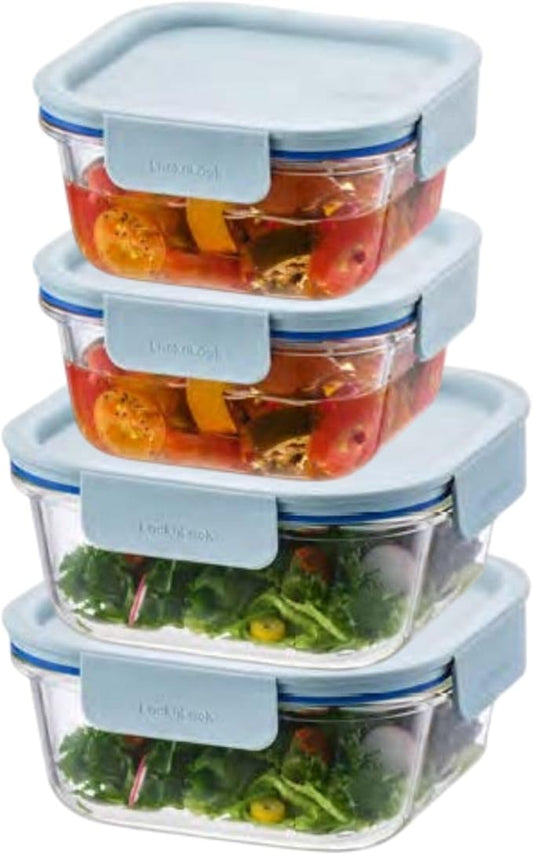 LocknLock LNG214S4M The Clear Heat-Resistant Borosilicate Glass Food Storage Set, 8-Piece (4 Containers + 4 Lids) - Mint