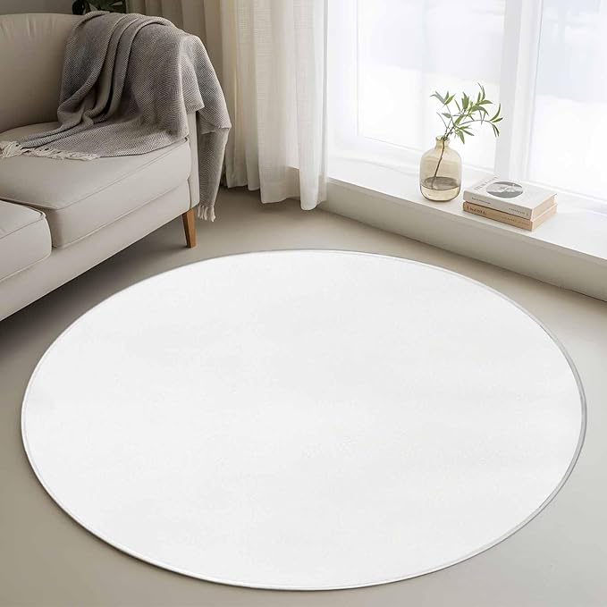 Washable Round Area Rug Pure White Circle Rugs Floor Carpet for Living Room Bedroom, Monochrome Plain Single Bright Color Soft Non Slip Round Rug 4ft
